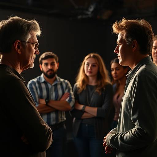 A group of actors practicing audition techniques with a casting director.