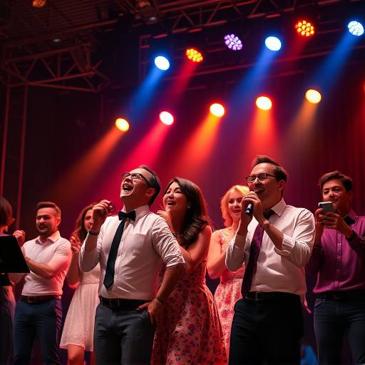 A group of performers singing and dancing in a musical theatre number.