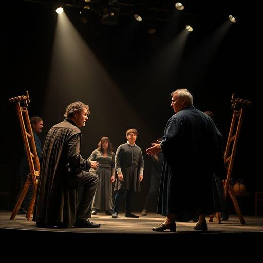 Actors rehearsing a scene from Hamlet on a stage.