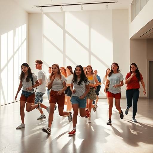Students engaged in a movement exercise, exploring physical space and interaction.