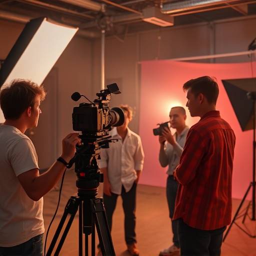 Students filming a scene on a studio set with professional lighting and equipment.