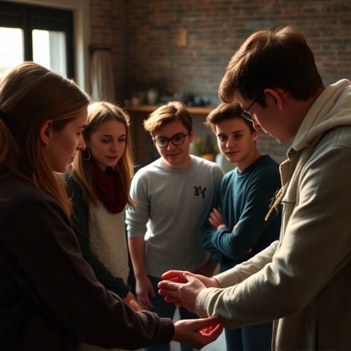 Students practicing acting techniques in a circle, focusing on emotional recall.